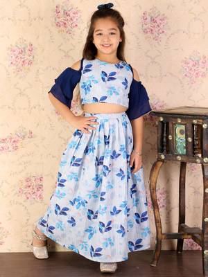  girls' blue sequins floral lehenga set 1