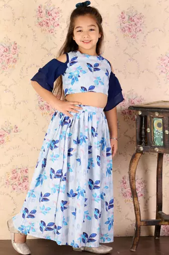  girls' blue sequins floral lehenga set