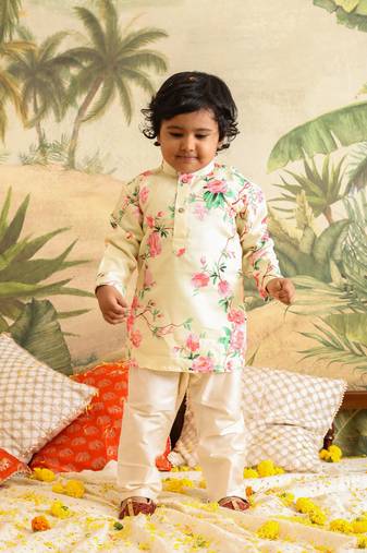  infant boys multicolor base yellow muslin kurta pyjama set