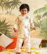  infant  multicolor base yellow muslin kurta pyjama set