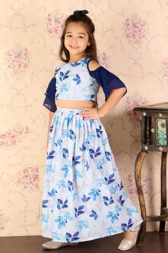  girls' blue sequins floral lehenga set