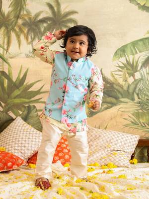  infant  multicolor base yellow muslin jacket, kurta and pyjama set 1