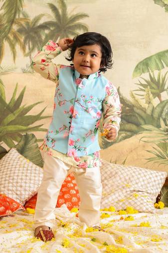  infant boys multicolor base yellow muslin jacket, kurta and pyjama set
