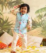  infant  multicolor base yellow muslin jacket, kurta and pyjama set