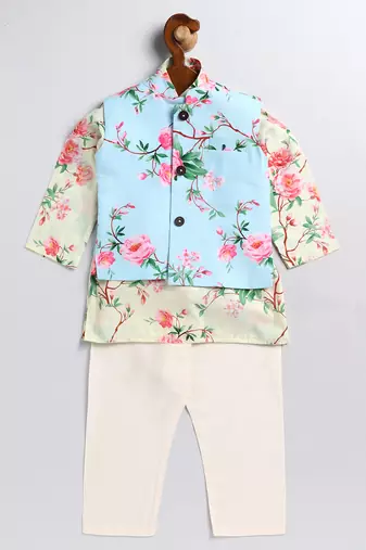  infant  multicolor base yellow muslin jacket, kurta and pyjama set