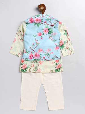  infant  multicolor base yellow muslin jacket, kurta and pyjama set 3