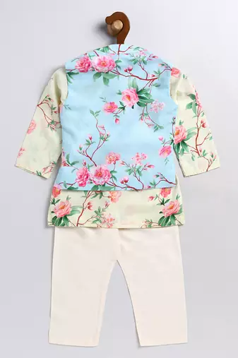  infant  multicolor base yellow muslin jacket, kurta and pyjama set