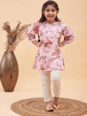  girls' pink and cream kurta and pant set 1