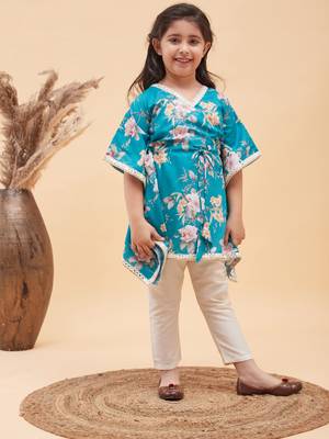  girls' turquoise and cream kaftan and pant set 1