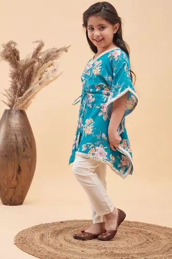  girls' turquoise and cream kaftan and pant set
