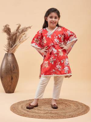  girls' red and cream kaftan and pant set 1