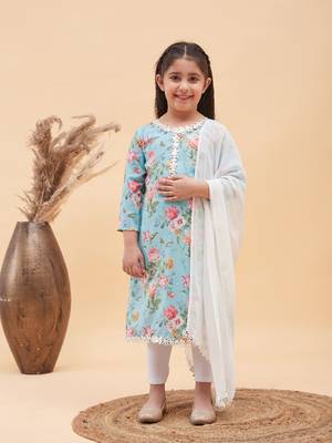  girls' aqua and white kurta, leggings & dupatta set 1