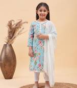  girls' aqua and white kurta, leggings & dupatta set