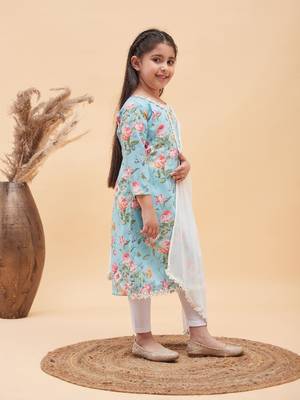  girls' aqua and white kurta, leggings & dupatta set 2