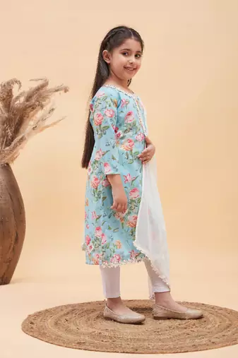  girls' aqua and white kurta, leggings & dupatta set