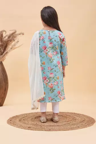  girls' aqua and white kurta, leggings & dupatta set