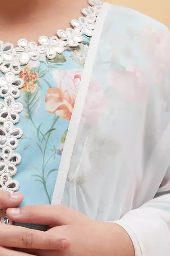  girls' aqua and white kurta, leggings & dupatta set