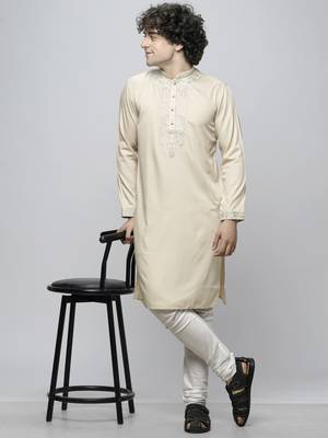 Maahi fabs cotton blend floral thread work regular fawn diwali ethnic kurta for men 1