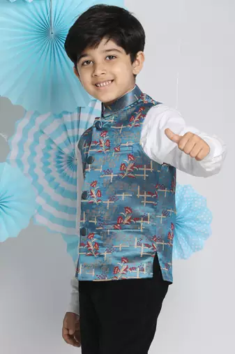  boys' multicolor-base-turquoise nehru jacket