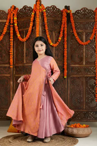  girls' onion pink and gold angrakha kurta and pant set