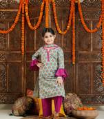 girls' green and pink kurta, pant and dupatta