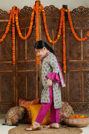  girls' green and pink kurta, pant and dupatta