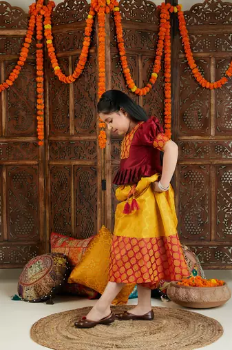  girls' mustard and maroon lehenga set