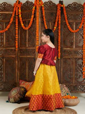  girls' mustard and maroon lehenga set 3