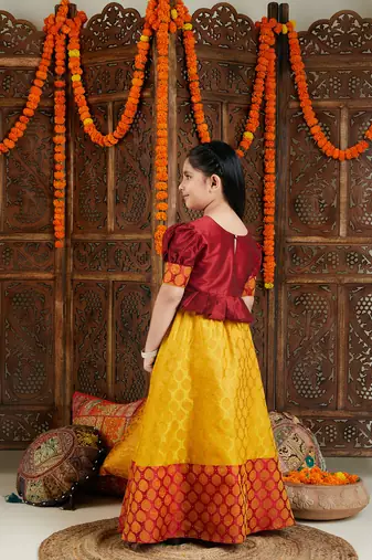  girls' mustard and maroon lehenga set