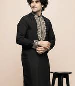 Maahi fabs cotton blend thread yoke design regular straight festive occasion ethnic black kurta for men