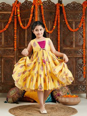  girls' yellow and pink ethnic dress 1