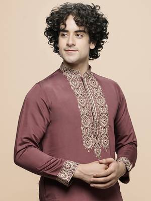 Maahi fabs cotton blend thread yoke design regular straight festive occasion ethnic red kurta for men 1