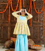  girls' yellow and aqua kurta pant set