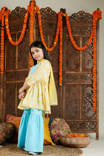  girls' yellow and aqua kurta pant set