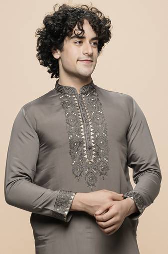 Maahi fabs cotton blend thread yoke design regular straight festive occasion ethnic grey kurta for men