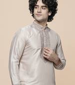 Maahi fabs cotton blend fine floral thread work regular peach diwali ethnic kurta for men