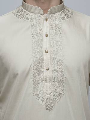 Maahi fabs cotton blend floral thread work regular fawn diwali ethnic kurta for men 3