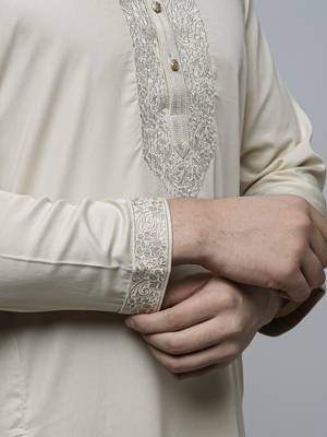 Maahi fabs cotton blend floral thread work regular fawn diwali ethnic kurta for men 4