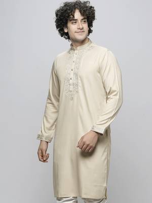 Maahi fabs cotton blend floral thread work regular fawn diwali ethnic kurta for men 5