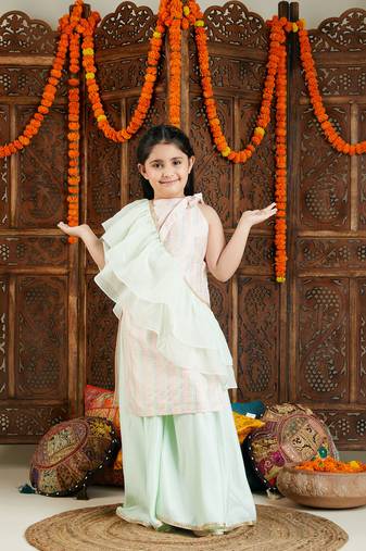  girls' multi color and mint green kurta, palazzo and dupatta set
