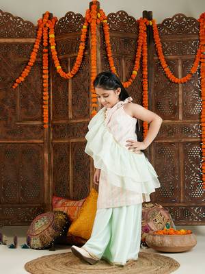  girls' multi color and mint green kurta, palazzo and dupatta set 2