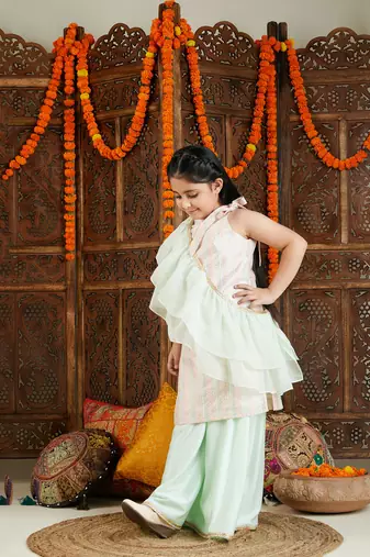  girls' multi color and mint green kurta, palazzo and dupatta set