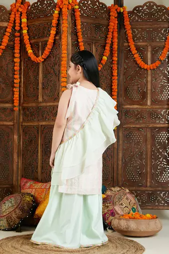  girls' multi color and mint green kurta, palazzo and dupatta set
