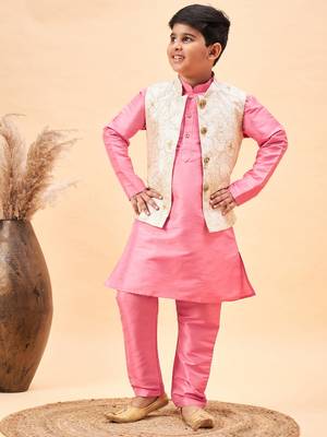  boys' beige and pink jacket, kurta and pyjama set 1
