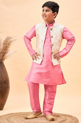  boys' beige and pink jacket, kurta and pyjama set
