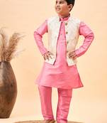  boys' beige and pink jacket, kurta and pyjama set