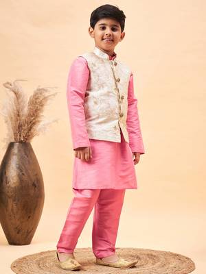  boys' beige and pink jacket, kurta and pyjama set 2