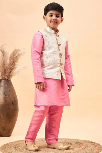  boys' beige and pink jacket, kurta and pyjama set