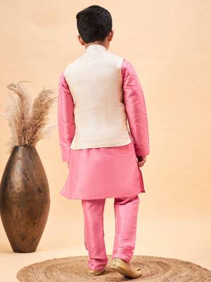  boys' beige and pink jacket, kurta and pyjama set 3