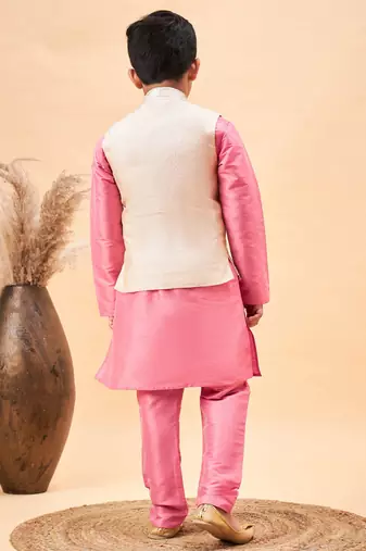  boys' beige and pink jacket, kurta and pyjama set